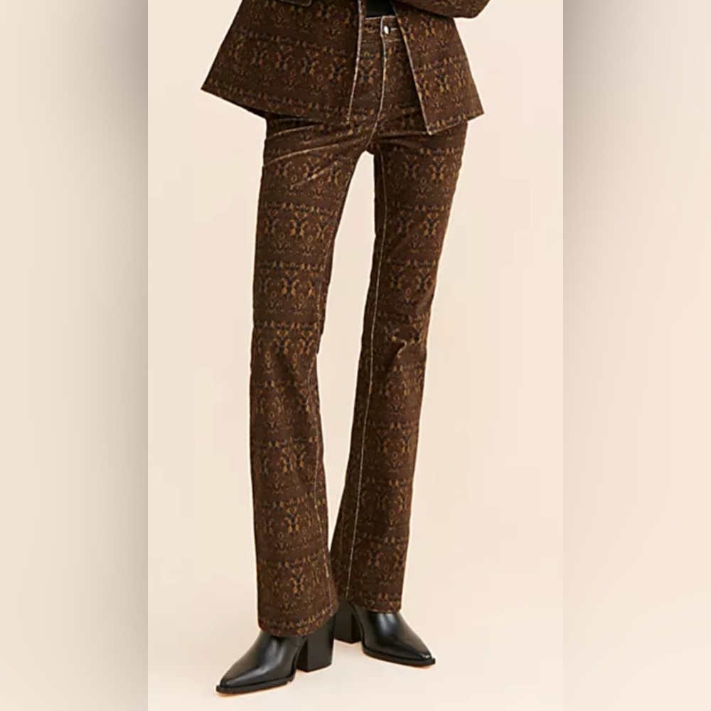 Driftwood brand slim flare printed velvet jean in Olive, brown and black print.